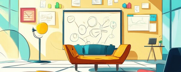 A modern workspace featuring a cozy sofa, creative wall designs, and bright, colorful decor that inspires productivity and creativity.