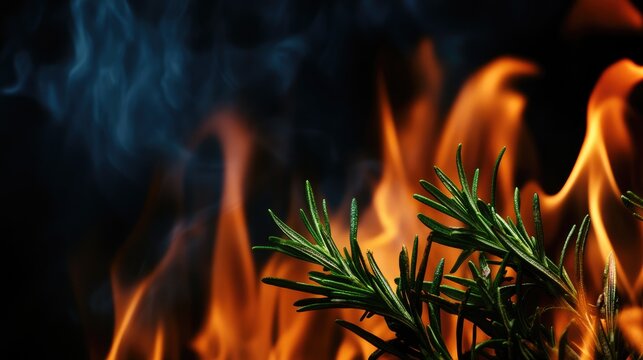 Cold and hot spots on seasoned shoulder with rosemary flames creating dramatic background and ample space for text in food imagery