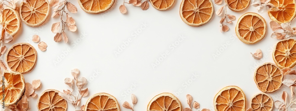 Aufkleber Dried orange slices arranged on white background creating elegant frame with ample empty space for text or decorative elements