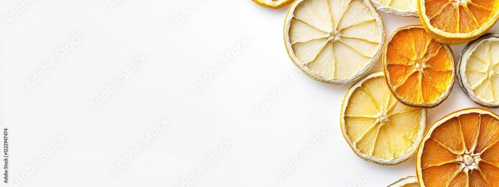Poster Dried citrus fruit slices decoratively arranged on a white background with ample empty space for text or branding purposes