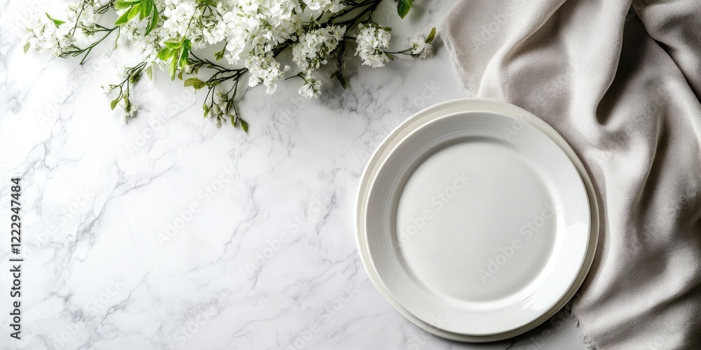 Poster elegant dining table setting with white plate and fresh flowers on marble surface for stylish event 