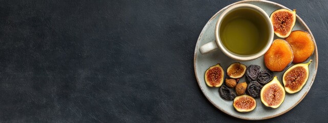 Dried fruits and figs arranged on a plate alongside a cup of green tea with a blank space for text on a dark textured background