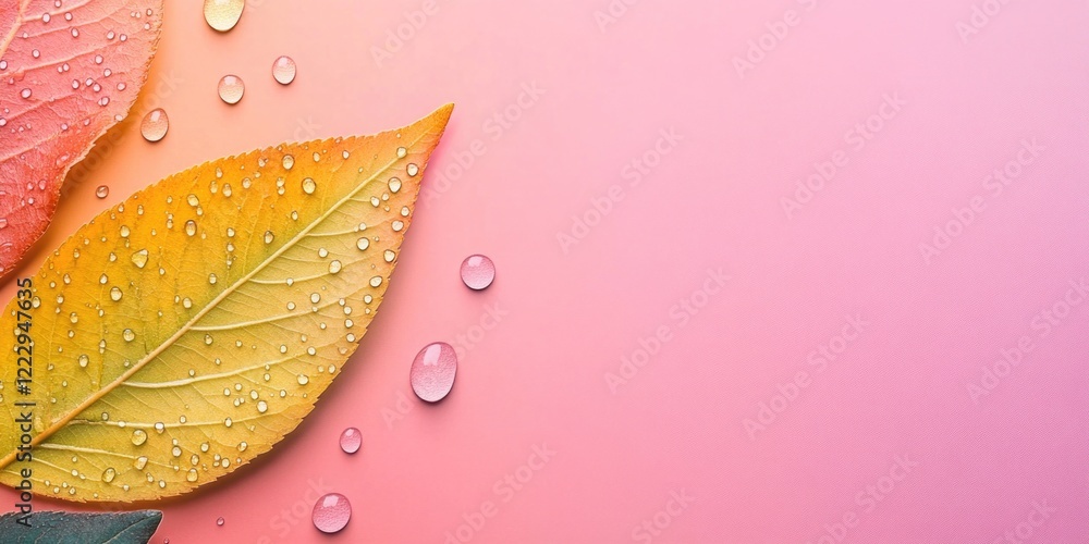 Poster colorful autumn leaves with water droplets on a gradient background providing empty space for season