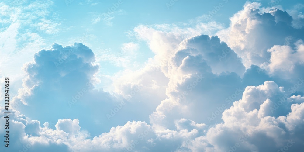 Poster majestic blue sky with fluffy white and gray clouds creating a serene backdrop and ample space for t