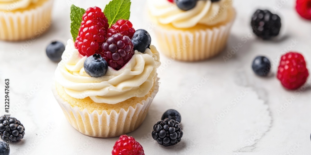 Aufkleber Elegant cupcakes topped with cream and fresh berries on marble surface with empty space for text or advertisements