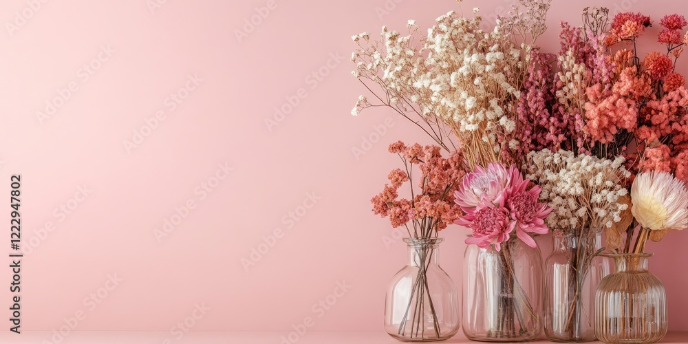 Fototapete Chic floral display featuring a mix of dried and fresh blooms in glass vases against a soft pink background with ample empty space for text.