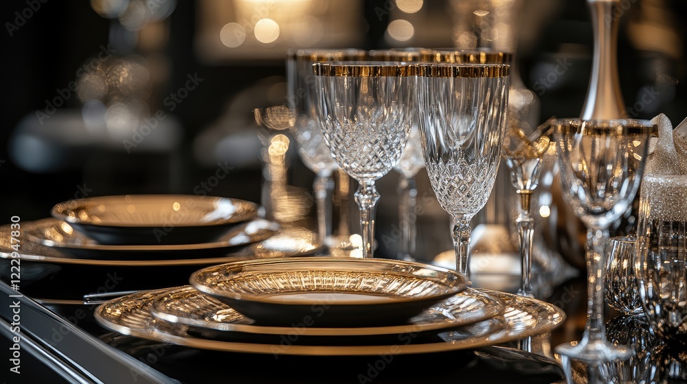 Aufkleber Elegant festive dining table setting for Christmas and New Year featuring exquisite tableware with empty space for personalized text or message