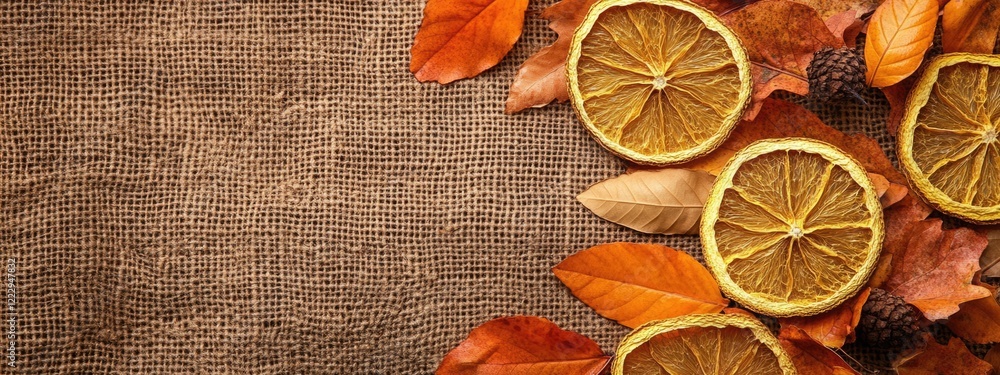 Poster dried orange slices and autumn leaves arranged on burlap fabric with natural empty space for seasona