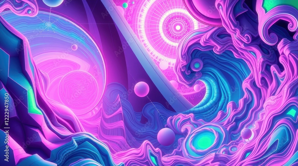Poster exploring vivid cosmic textures in a mesmerizing purple and teal universe with swirling patterns and