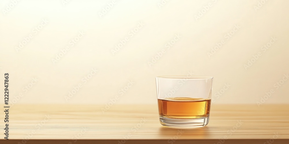 Poster elegant glass of aromatic amber tea on polished wooden surface with soft light and empty space for p