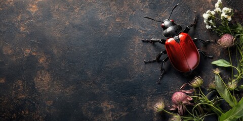 Elegant fine dining table setting featuring gourmet dishes and a decorative arrangement with space for text and artistic insect detail