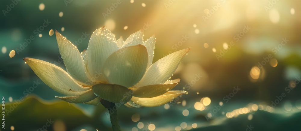 Poster serene lotus flower in morning light with glistening dew and sunlight creating a tranquil atmosphere