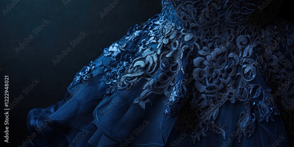 Poster Elegant evening gown with intricate lace detailing and rich colors set against a dark background providing space for your text or branding.