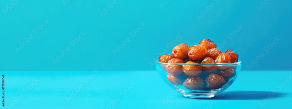 Aufkleber Dried dates in a glass bowl on a vibrant blue background with ample empty space for text or graphics