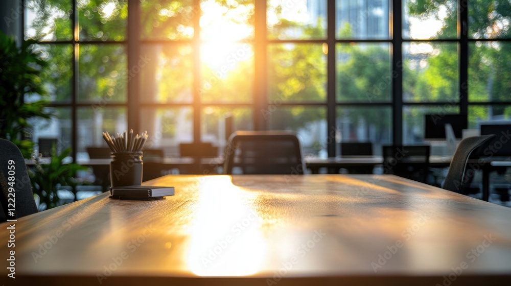 Poster Modern office wooden table with sunlight backdrop for product display and empty copy space for text in an inspiring workspace setting