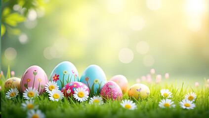 Fototapeta premium Colorful Easter eggs nestled in green grass with blooming wildflowers under soft sunlight, creating a perfect scene for spring and Easter holiday designs