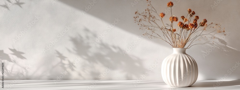 Leinwandbilder dried flowers in a white vase atop a minimalist white table with ample empty space for text or graph