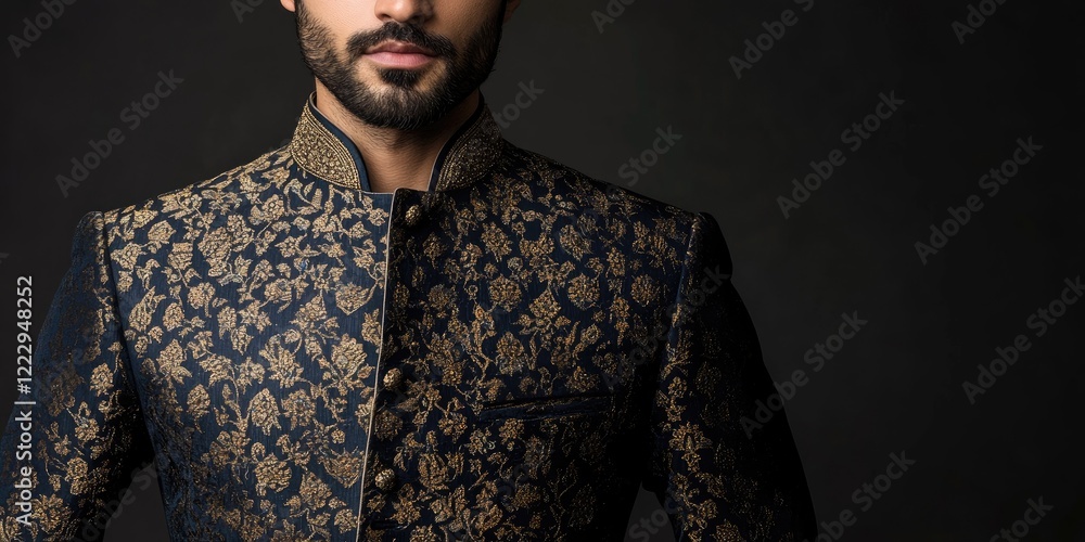 Poster sophisticated gentleman dressed in ornate embroidered traditional attire with blank space for custom