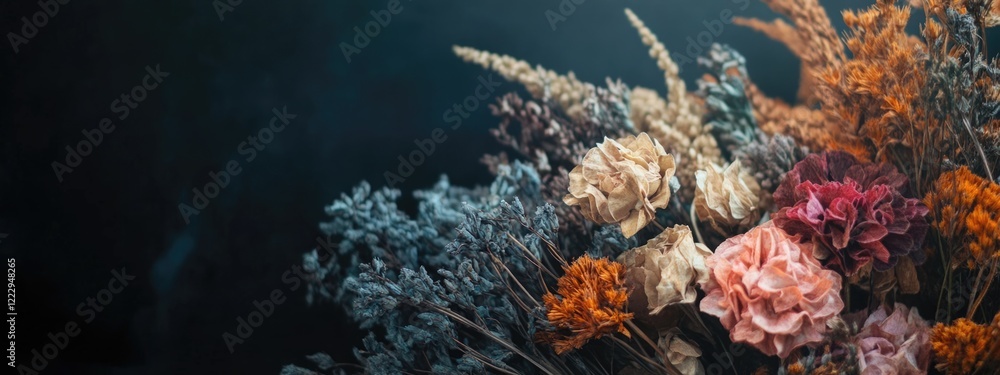 Leinwandbilder Dried flower bouquet with dark background providing ample space for text and design elements in a creative layout.