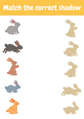 Obraz premium Find the correct shadow for each object. Preschool worksheet activity, logical games for kids, skill play puzzle, educational material for kindergarten, homeschooling, activity page.