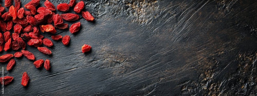 Poster dried red goji berries scattered on a textured black wooden background with ample empty space for co