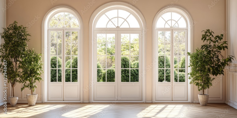 Aufkleber Elegant French Doors with Arched Windows and Lush Greenery in Bright Room with Empty Space for Custom Text or Branding