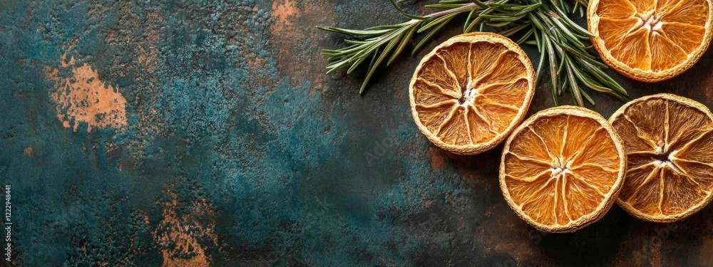 Aufkleber dried orange citrus slices with rosemary on a rustic background featuring empty space for text or de