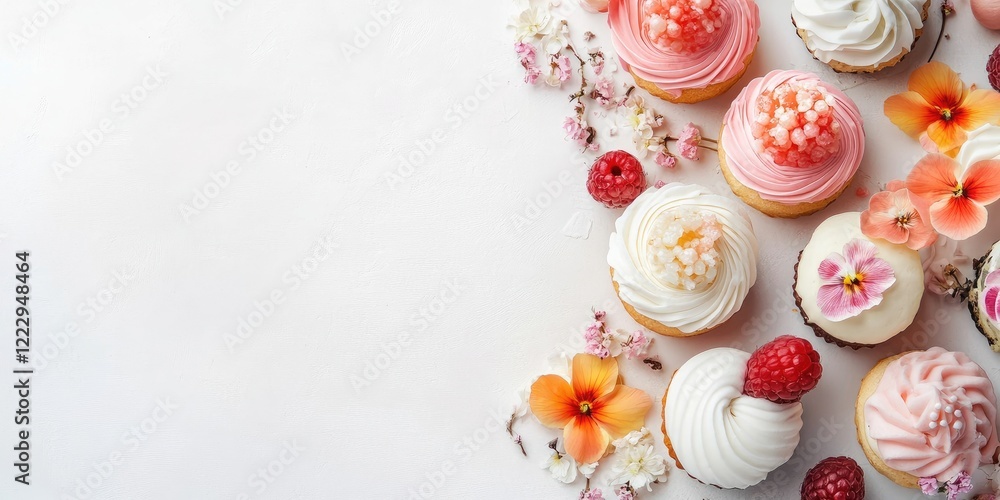 Poster deliciously decorated cupcakes adorned with flowers and berries creating a vibrant, elegant dessert 