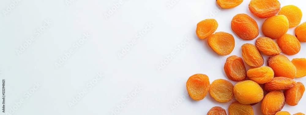 Poster Dried apricots arranged on a white background with ample empty space for text or branding opportunities
