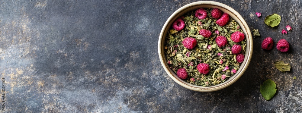 Aufkleber Dried raspberry leaf herbal infusion in bowl with fresh raspberries and empty space for text on rustic background