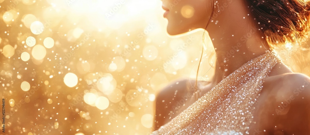 Poster Luxurious golden bokeh light effect for elegant greeting cards and banners with shimmering details and empty space for personalized messages