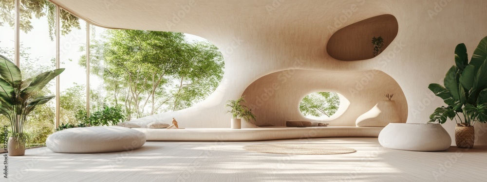 Poster eco-friendly interior design showcasing curved architecture and abundant natural light in a tranquil