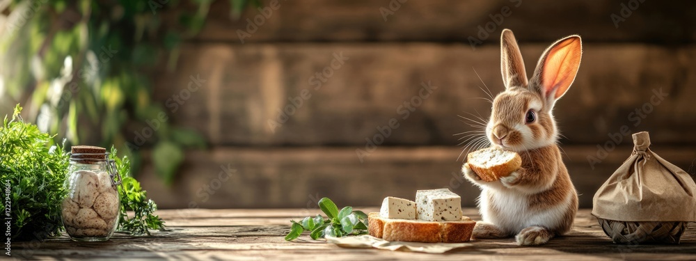 Poster Easter rabbit preparing breakfast with toast and tofu in rustic kitchen setting with empty space for creative text or messages