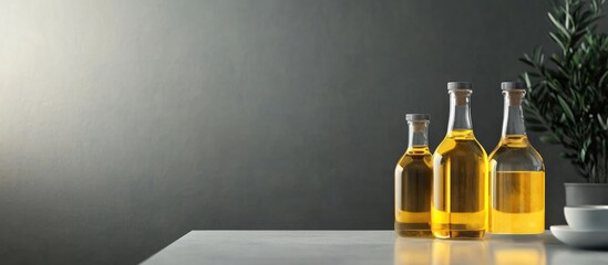 Organic vegetable oils in glass bottles on a table with gray background promoting healthy food lifestyle and fresh culinary options