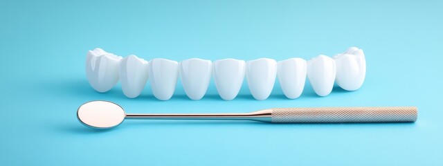 A Close-Up View of a Set of Bright White Teeth Alongside a Dental Mirror on a Soft Blue Background for Oral Health and Hygiene Themes