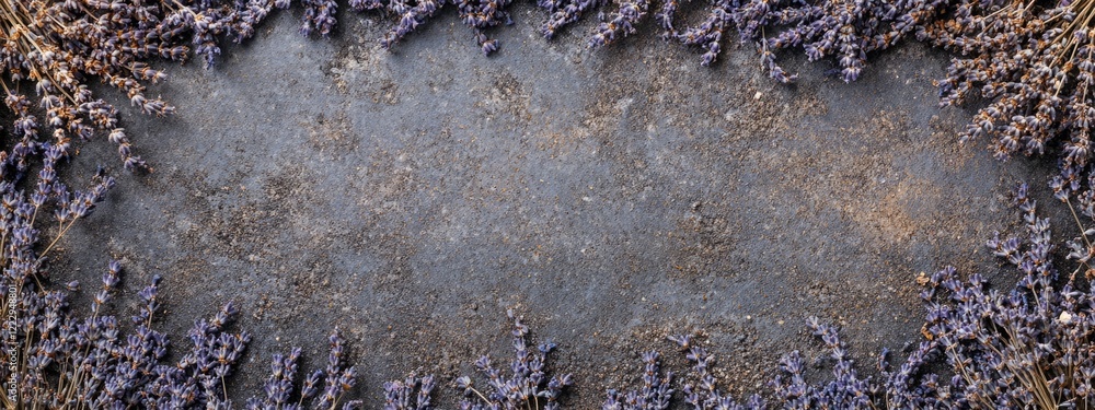 Fototapete Dried lavender flowers arranged in a natural frame with empty space for text creating a soothing and aromatic ambiance.