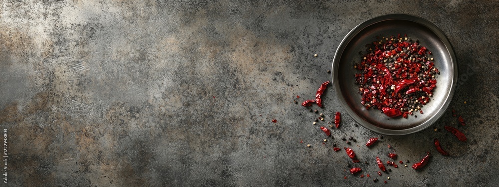 Poster dried chili peppers and scattered seeds in a metal bowl on textured surface with copy space for culi
