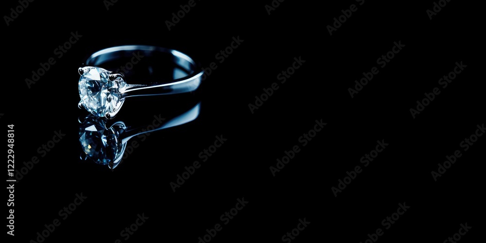 Poster Elegant diamond ring with reflective surface on a black background highlighting its brilliance and providing ample space for text placement