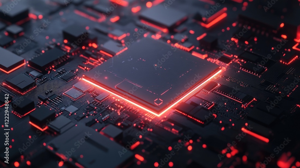 Fototapete Futuristic Electronic Circuit Board Design with Glowing Elements and Copy Space for High Tech and AI Concepts in a Digital Environment
