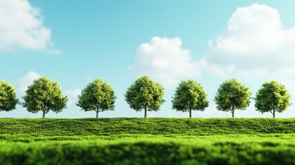 Obraz premium Scenic tree line with tall trees on vibrant green grass under blue sky ideal for copy space and nature-themed promotional materials