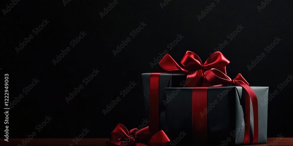 Aufkleber stylish black gift boxes with bright red ribbons arranged on a dark table creating a festive ambianc
