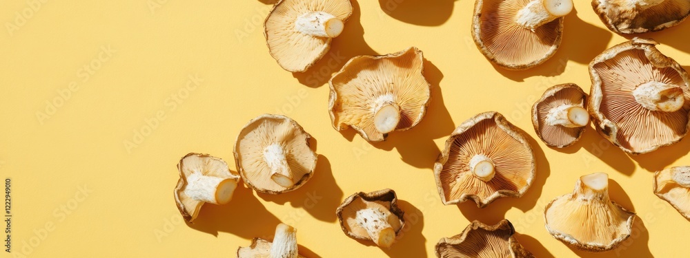 Poster Dried mushroom slices on yellow background casting shadows with ample copy space for text and design elements