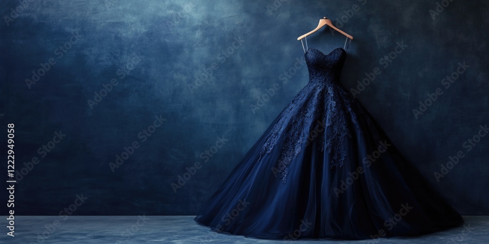 Poster elegant evening gown showcasing intricate lace details and rich colors set against a textured backdr