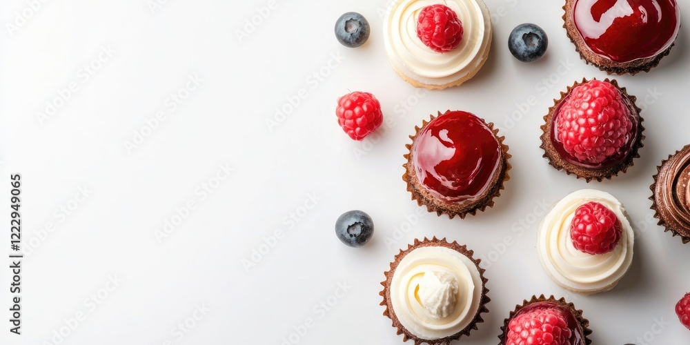 Poster artfully arranged elegant desserts featuring raspberries and blueberries on a clean white background
