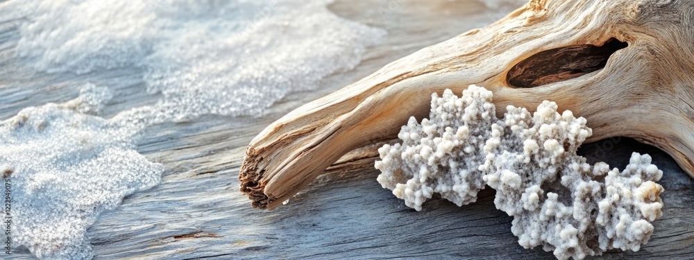 Poster driftwood with salt residue beside gentle waves and ample space for text or branding in a serene coa