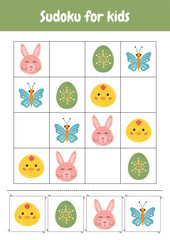 Easter activity page for kids. Printable Easter worksheets with bunny, eggs, flowers. Sudoku for kids. Preschool kindergarten educational activity. Learning, early development game.
