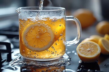 Hot lemon tea being poured into a glass mug with lemon slices and whole lemons in the background