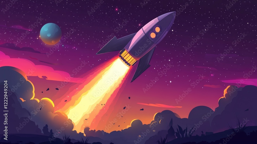 Poster Rocket Launching into Space with Colorful Sunset and Planets in Background Concept of Space Exploration and Propulsion with Copy Space for Text