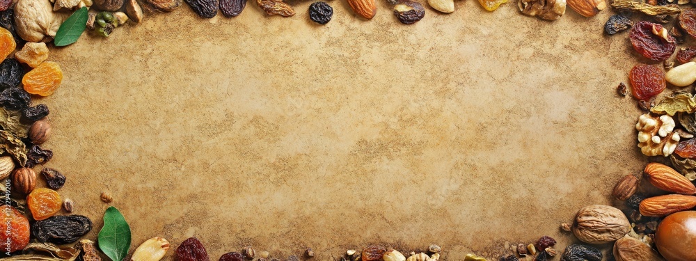 Aufkleber Dried Fruits and Nuts Decorative Background with Copy Space for Text in a Rustic Setting