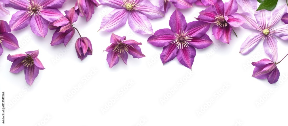 Leinwandbilder Vibrant Clematis Flowers in Close-Up Over White Background with Ample Copy Space for Text and Design Elements